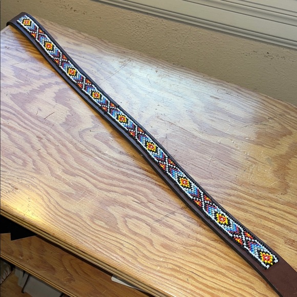Brown Leather Geometric‎ Southwestern Beaded  Belt M - Picture 3 of 11